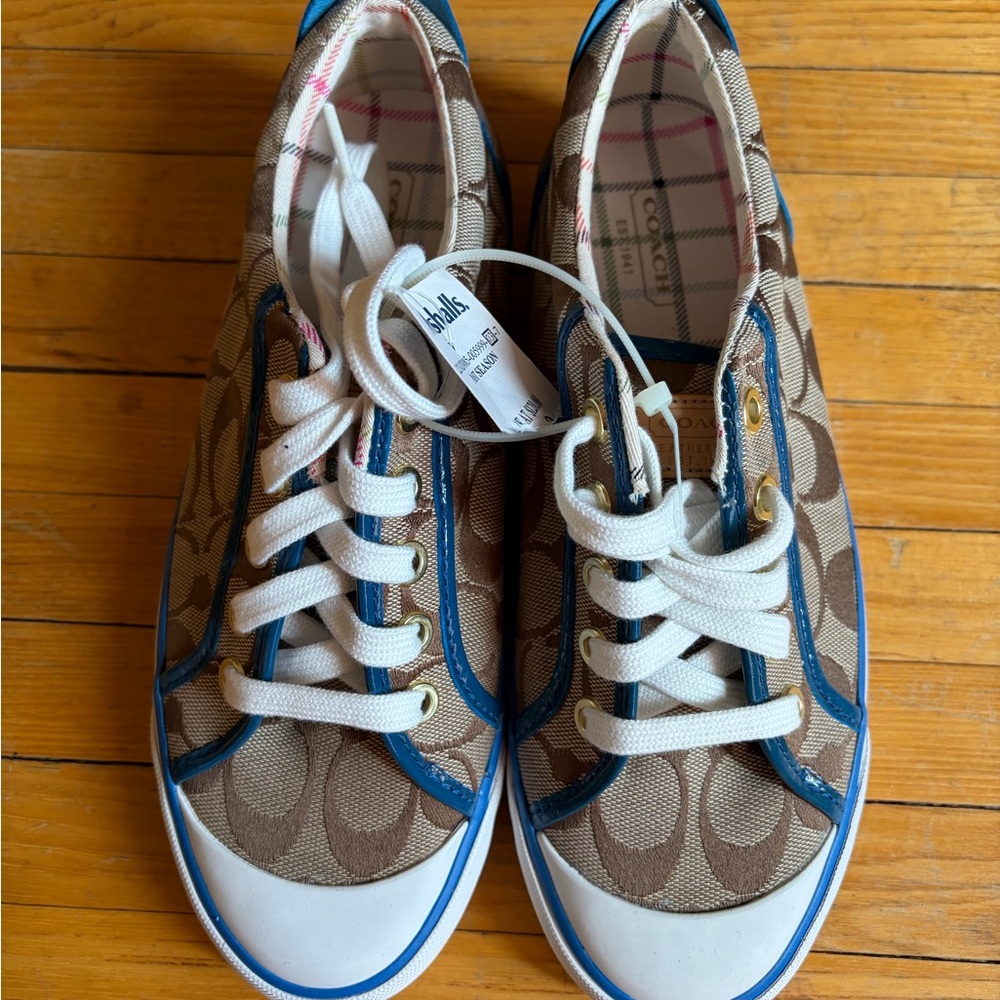 Coach Woman’s Brown Logo Canvas Sneakers with Blue Trim and White Laces